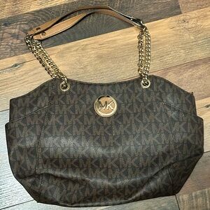Michael Kors Brown and Gold Shoulder Bag with Monogram Print and Wristlet